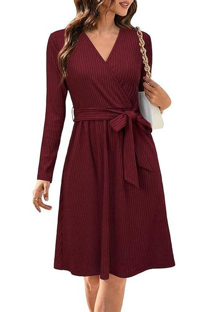 Ribbed Midi Dress with Belt and Pockets - Soft Polyester, V-Neck, Long Sleeves 10