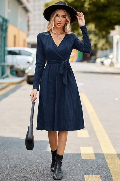 Ribbed Midi Dress with Belt and Pockets - Soft Polyester, V-Neck, Long Sleeves 3