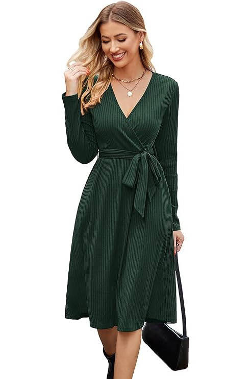 Ribbed Midi Dress with Belt and Pockets - Soft Polyester, V-Neck, Long Sleeves 4