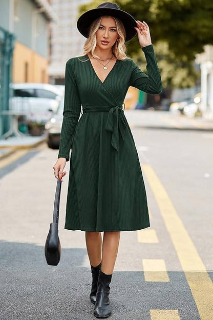 Ribbed Midi Dress with Belt and Pockets - Soft Polyester, V-Neck, Long Sleeves 5
