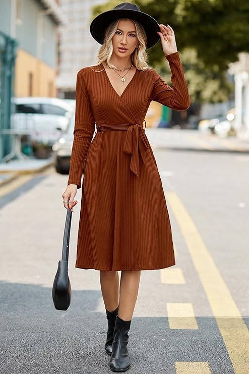 Ribbed Midi Dress with Belt and Pockets - Soft Polyester, V-Neck, Long Sleeves 8