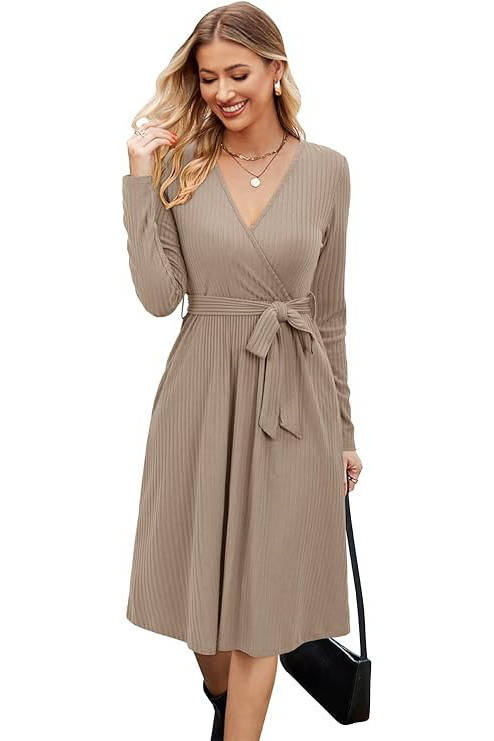 Ribbed Midi Dress with Belt and Pockets - Soft Polyester, V-Neck, Long Sleeves 9
