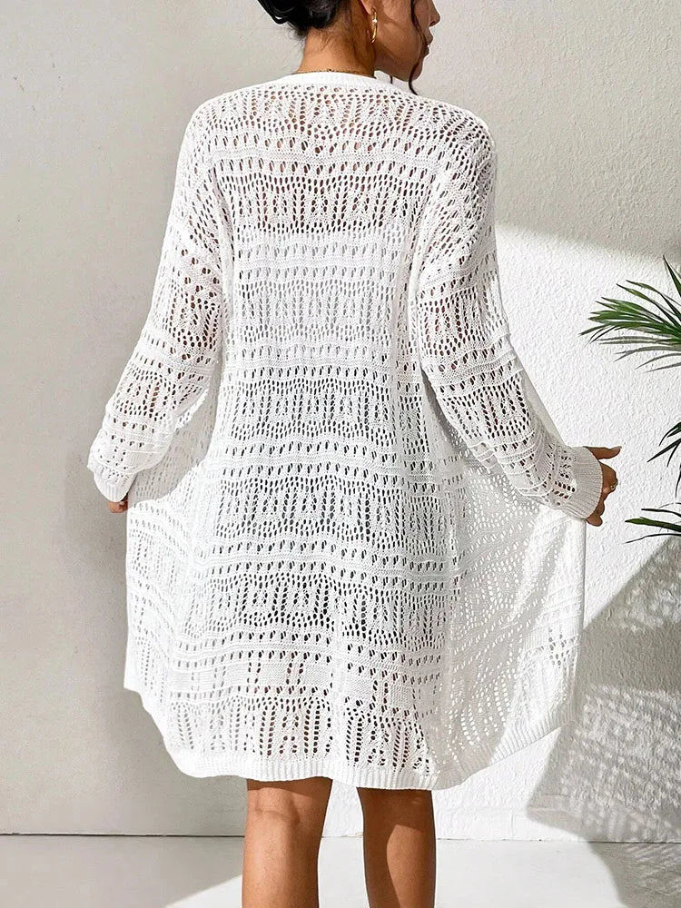 Rosaline - Lightweight Long Cardigan Sweater with Open Knit Crochet Texture 2