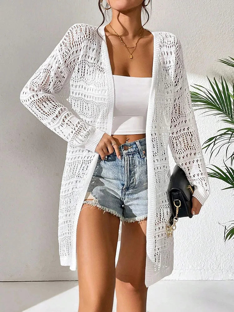 Rosaline - Lightweight Long Cardigan Sweater with Open Knit Crochet Texture 4