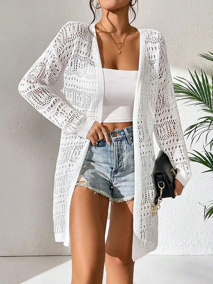 Rosaline - Lightweight Long Cardigan Sweater with Open Knit Crochet Texture 4