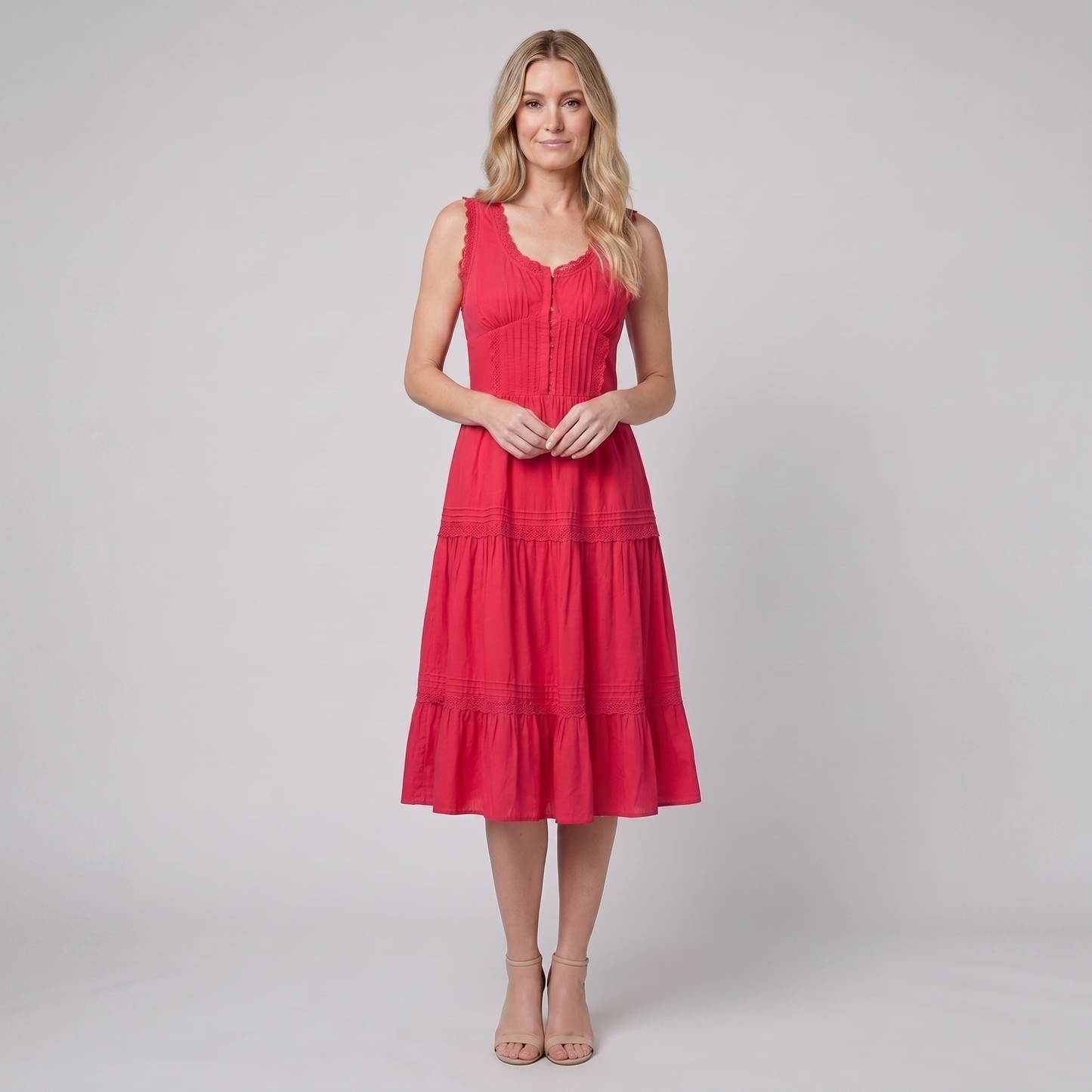 Roselle Midi Dress - Sleeveless Corset-Effect Cocktail Dress with Embroidered Neckline 0
