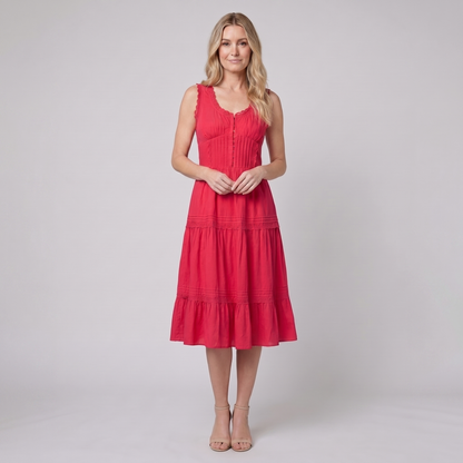 Roselle Midi Dress - Sleeveless Corset-Effect Cocktail Dress with Embroidered Neckline 0