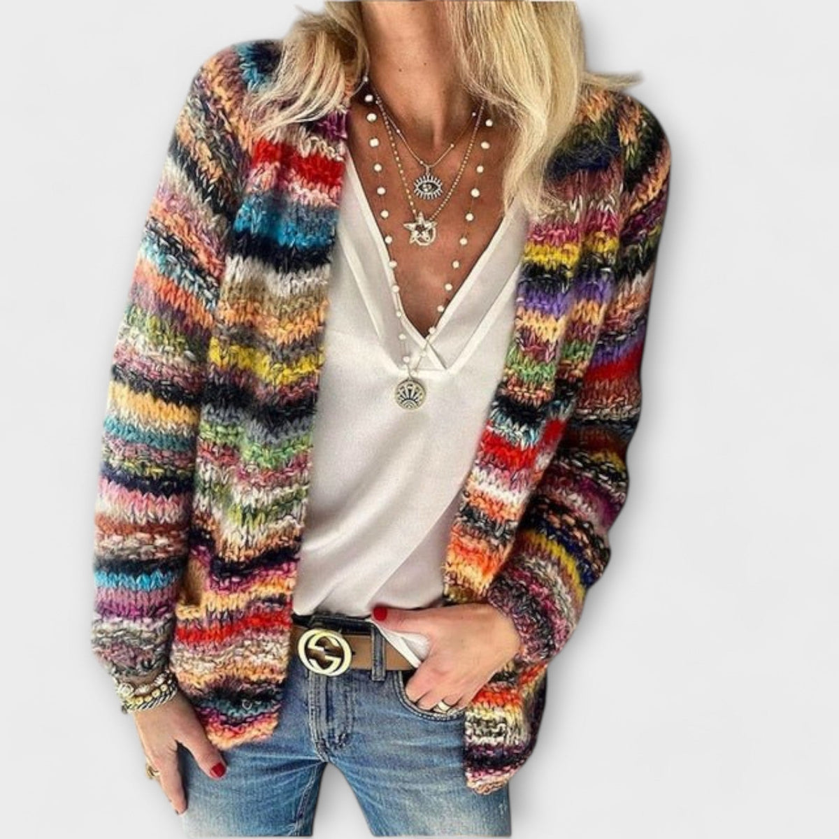 Roswen - Multicolor Long Cardigan Sweater with Open-Front Relaxed Fit 0