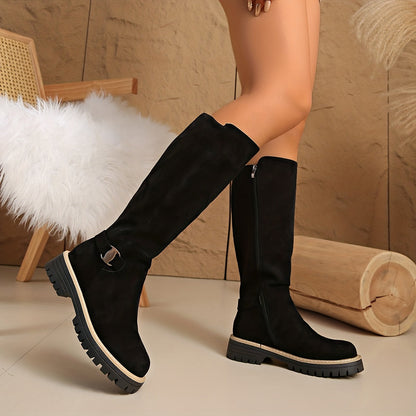 Sable - Black Knee High Boots with Low Block Heel, Side Zipper & Suede Look 0