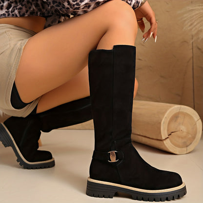 Sable - Black Knee High Boots with Low Block Heel, Side Zipper & Suede Look 2