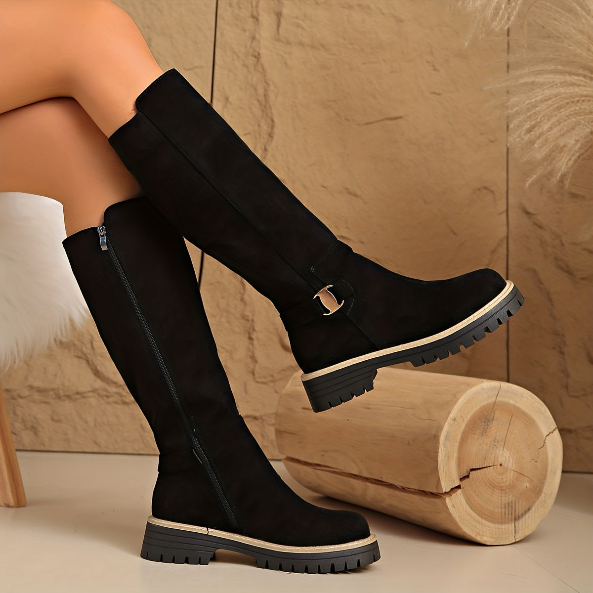 Sable - Black Knee High Boots with Low Block Heel, Side Zipper & Suede Look 6