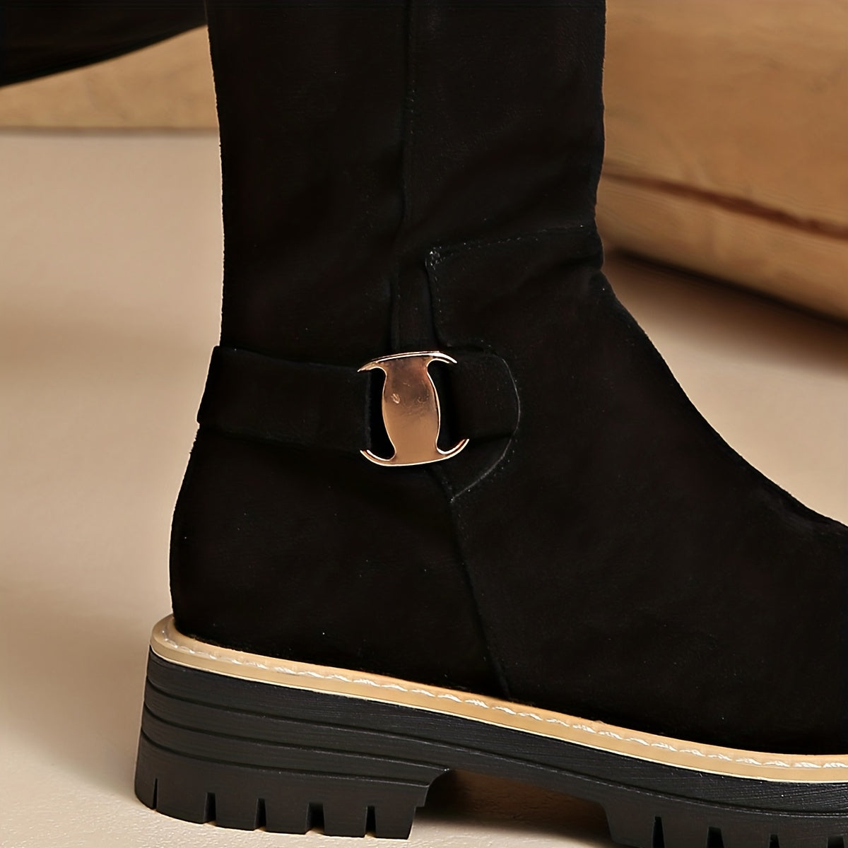 Sable - Black Knee High Boots with Low Block Heel, Side Zipper & Suede Look 7
