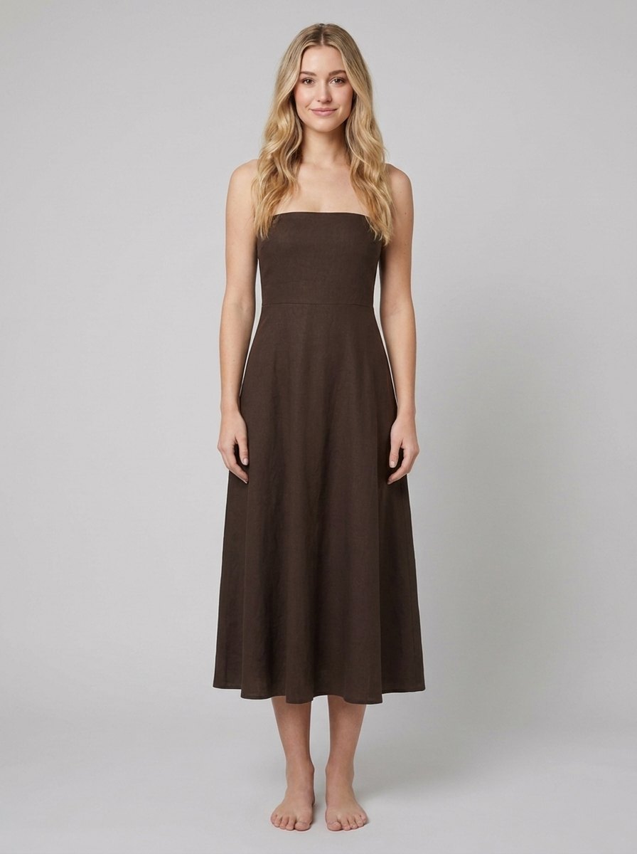 Sable Strapless Summer Dress - Stretch Linen Blend in Dark Brown for Parties 0