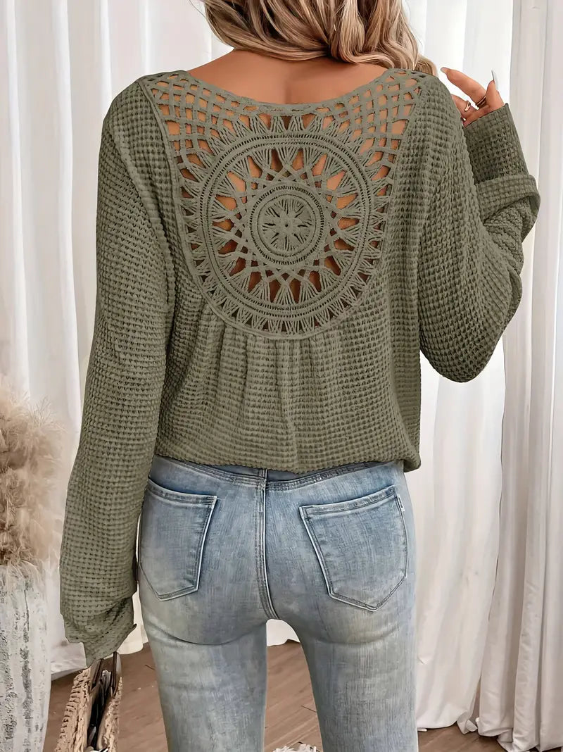 Sassa Waffle Knit V-Neck Shirt with Intricate Back Detail - Cozy Relaxed Fit 0