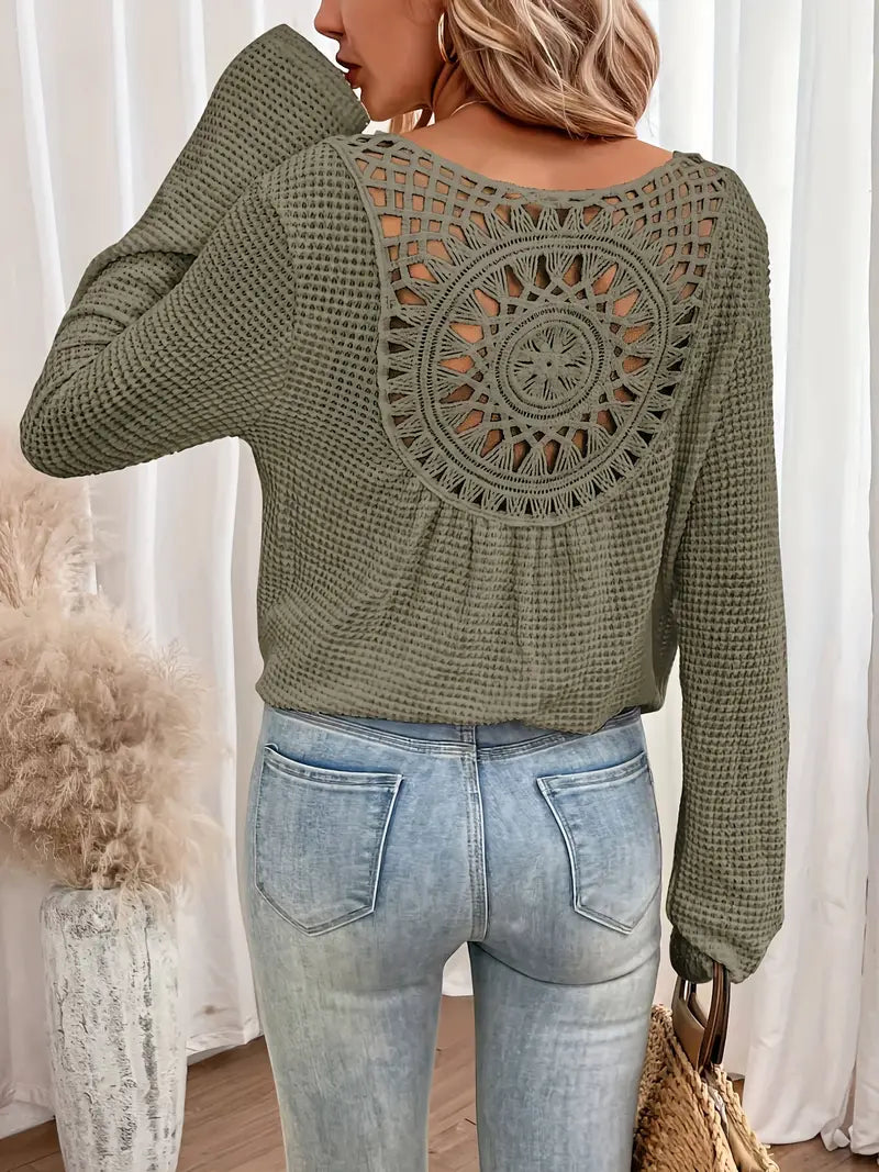 Sassa Waffle Knit V-Neck Shirt with Intricate Back Detail - Cozy Relaxed Fit 1