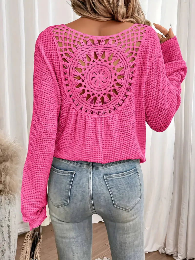 Sassa Waffle Knit V-Neck Shirt with Intricate Back Detail - Cozy Relaxed Fit 10