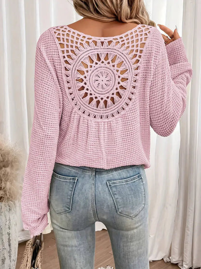 Sassa Waffle Knit V-Neck Shirt with Intricate Back Detail - Cozy Relaxed Fit 11