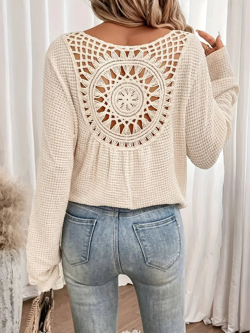 Sassa Waffle Knit V-Neck Shirt with Intricate Back Detail - Cozy Relaxed Fit 3