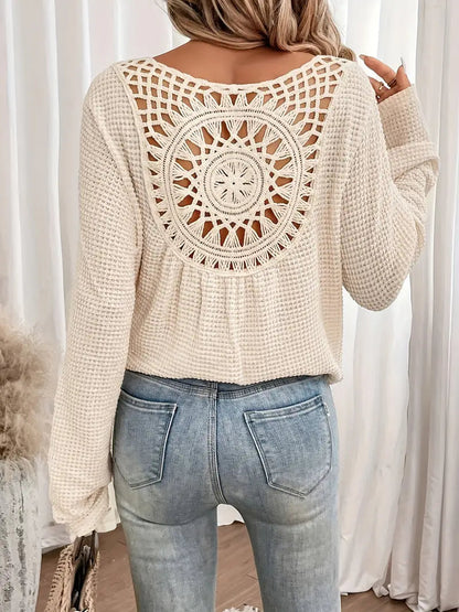 Sassa Waffle Knit V-Neck Shirt with Intricate Back Detail - Cozy Relaxed Fit 3