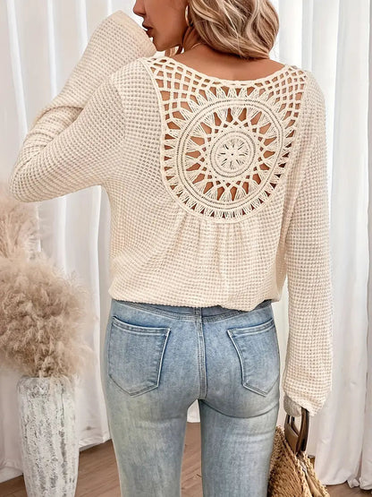 Sassa Waffle Knit V-Neck Shirt with Intricate Back Detail - Cozy Relaxed Fit 4