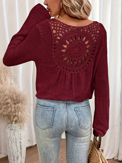 Sassa Waffle Knit V-Neck Shirt with Intricate Back Detail - Cozy Relaxed Fit 6