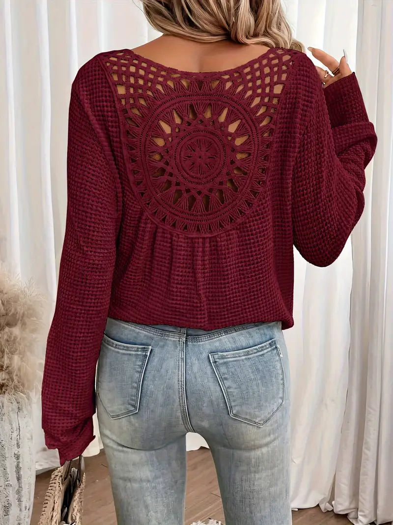 Sassa Waffle Knit V-Neck Shirt with Intricate Back Detail - Cozy Relaxed Fit 8