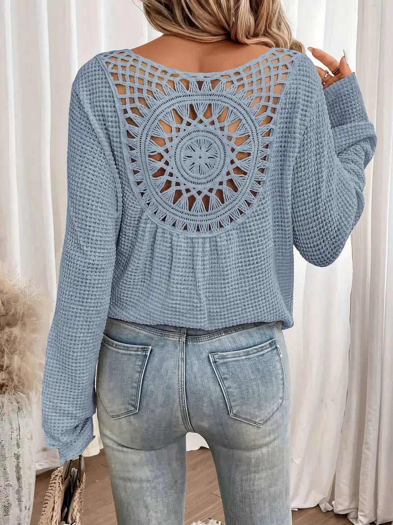 Sassa Waffle Knit V-Neck Shirt with Intricate Back Detail - Cozy Relaxed Fit 9