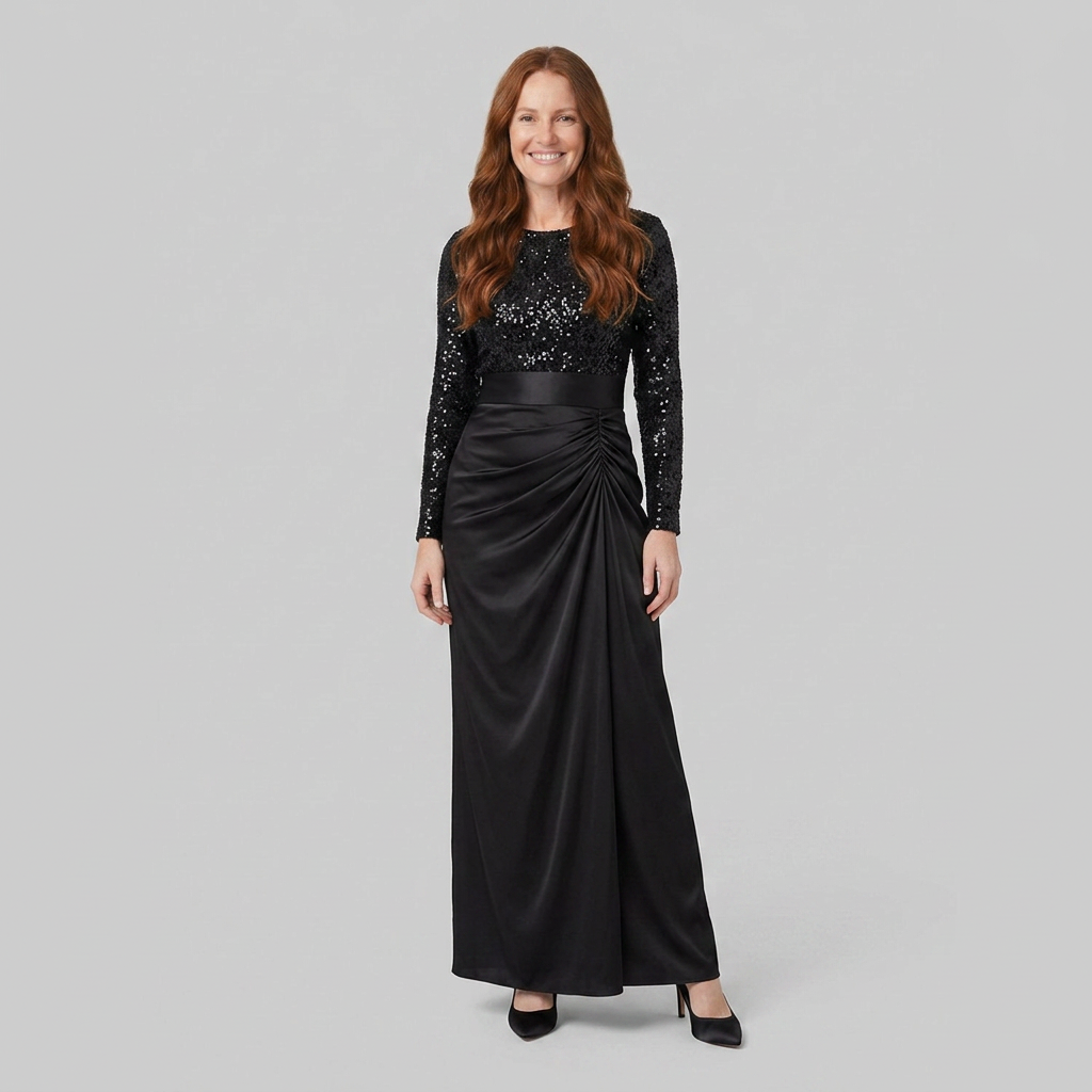 Serena - Long Sleeve Maxi Dress with Sequin Splice, Elegant Floor-Length Gown 0