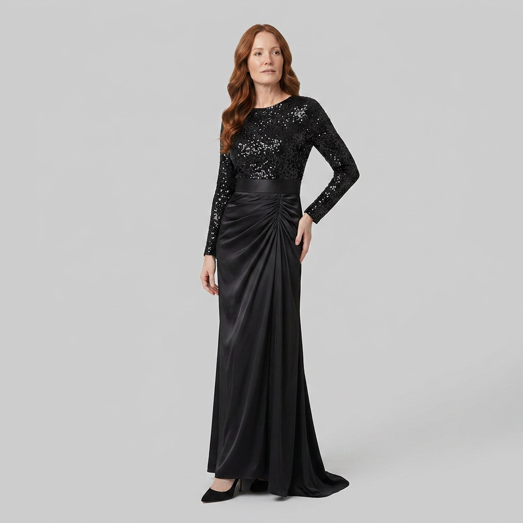 Serena - Long Sleeve Maxi Dress with Sequin Splice, Elegant Floor-Length Gown 1