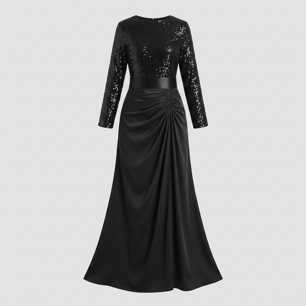 Serena - Long Sleeve Maxi Dress with Sequin Splice, Elegant Floor-Length Gown 3