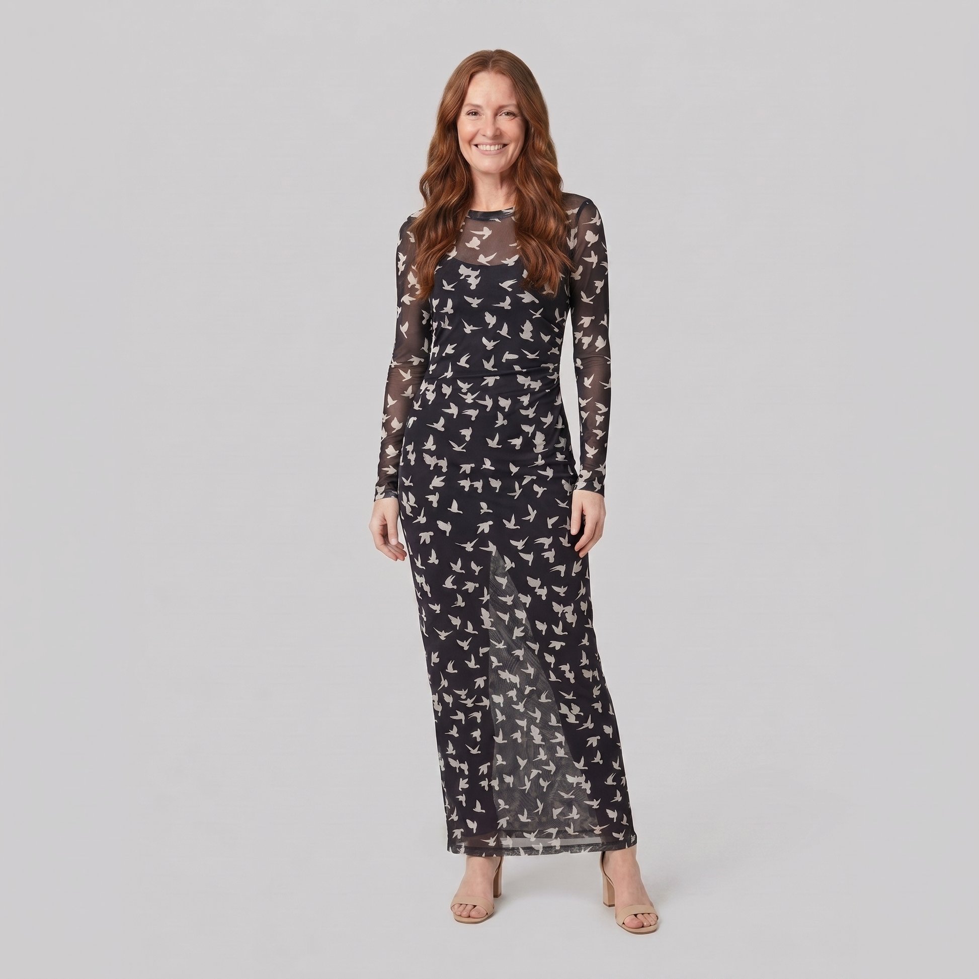 Sienna Black Dress - Lightweight Long Sleeve Mesh Dress with Flying Bird Print 0
