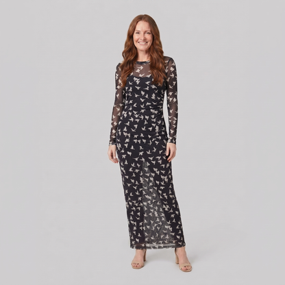 Sienna Black Dress - Lightweight Long Sleeve Mesh Dress with Flying Bird Print 0