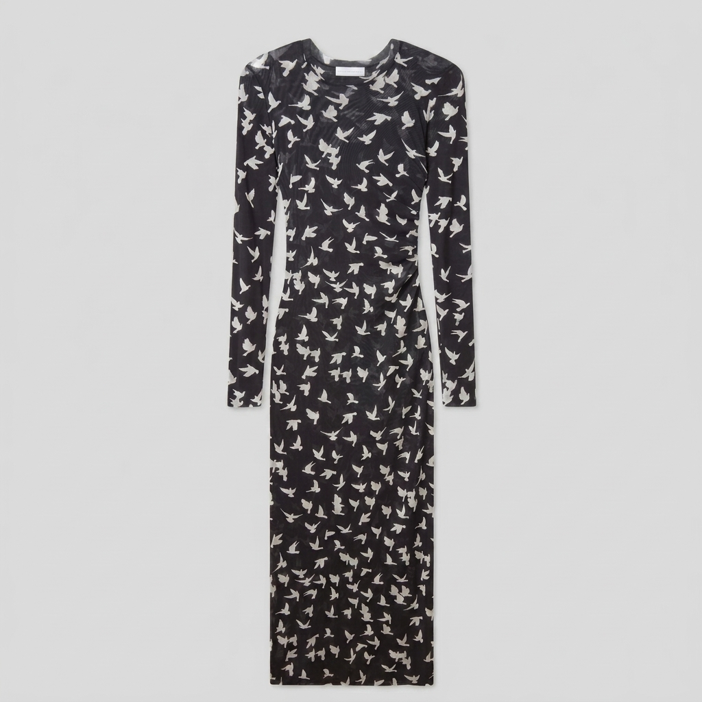 Sienna Black Dress - Lightweight Long Sleeve Mesh Dress with Flying Bird Print 1