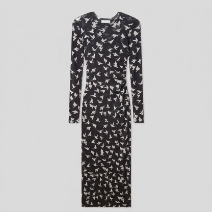 Sienna Black Dress - Lightweight Long Sleeve Mesh Dress with Flying Bird Print 1