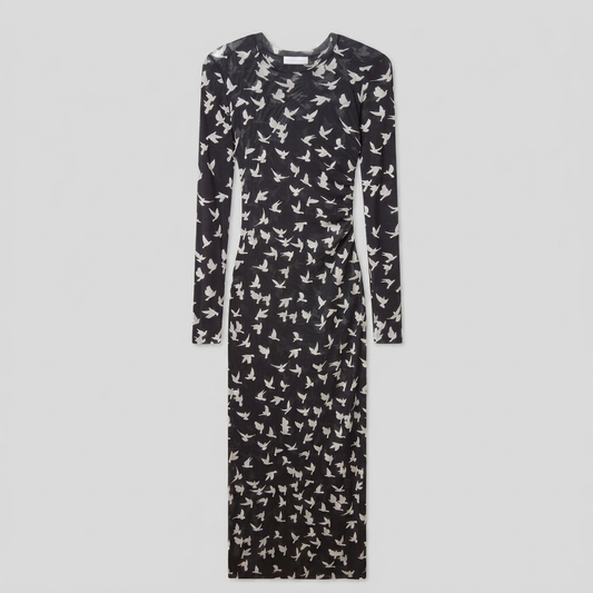 Sienna Black Dress - Lightweight Long Sleeve Mesh Dress with Flying Bird Print 1