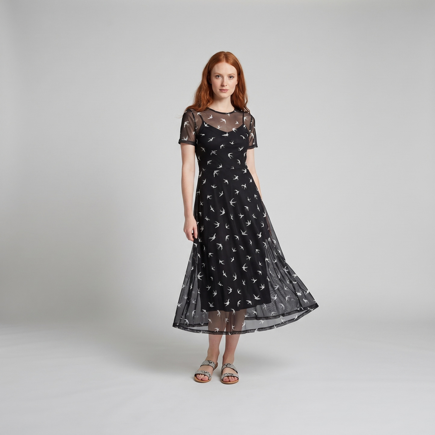 Sienna Black Dress - Lightweight Long Sleeve Mesh Dress with Flying Bird Print 2