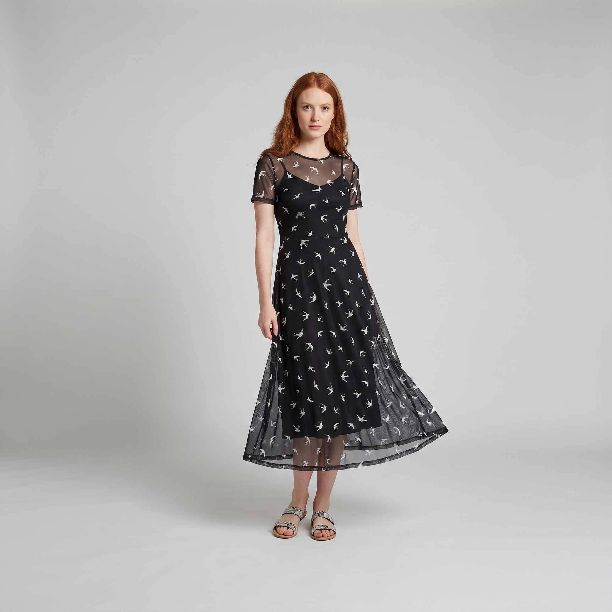 Sienna Black Dress - Lightweight Long Sleeve Mesh Dress with Flying Bird Print 2