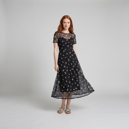 Sienna Black Dress - Lightweight Long Sleeve Mesh Dress with Flying Bird Print 2