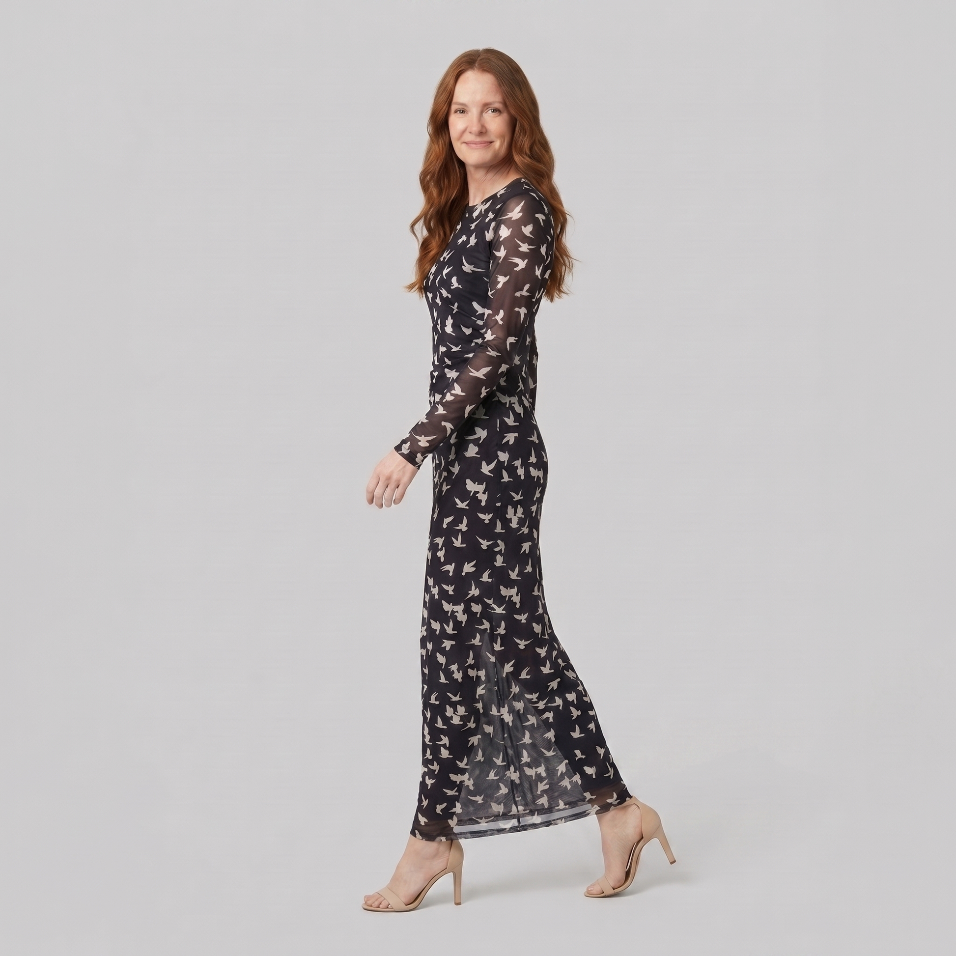 Sienna Black Dress - Lightweight Long Sleeve Mesh Dress with Flying Bird Print 3