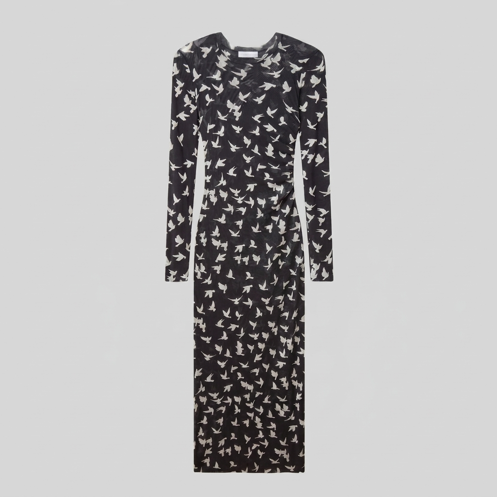 Sienna Black Dress - Lightweight Long Sleeve Mesh Dress with Flying Bird Print 4