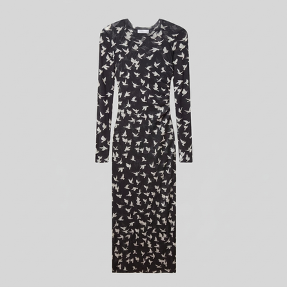 Sienna Black Dress - Lightweight Long Sleeve Mesh Dress with Flying Bird Print 4