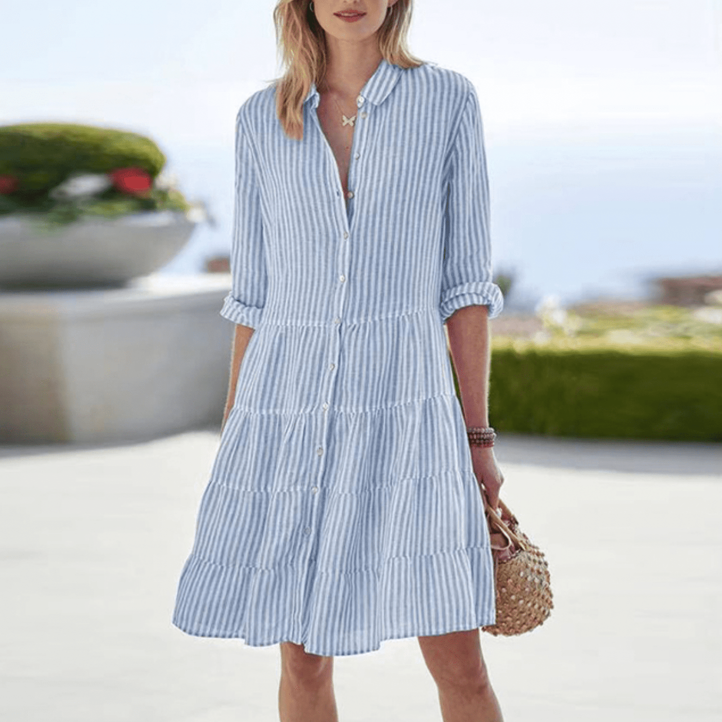Striped Button-Front Mini Dress with Tiered Skirt & Collar 4