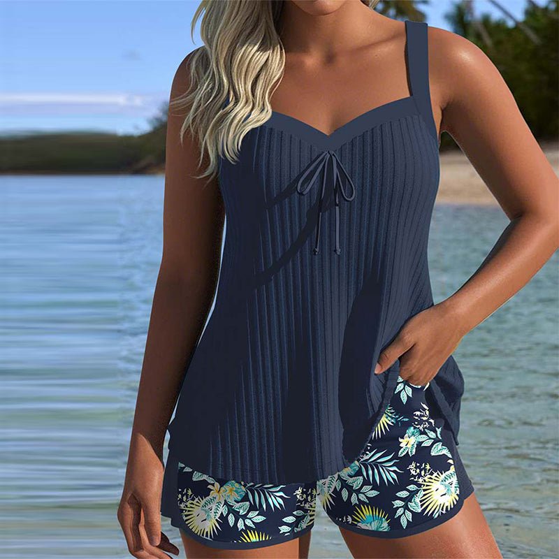 Stylish Striped Ribbed Tankini Set with Beach Shorts - Comfortable Swimwear 0