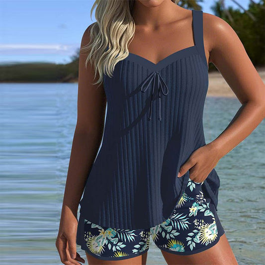 Stylish Striped Ribbed Tankini Set with Beach Shorts - Comfortable Swimwear 0