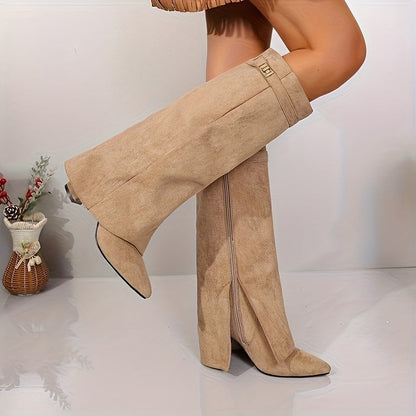 Talitha - Black Knee High Boots with Block Heel and Gold Buckle Accent 0