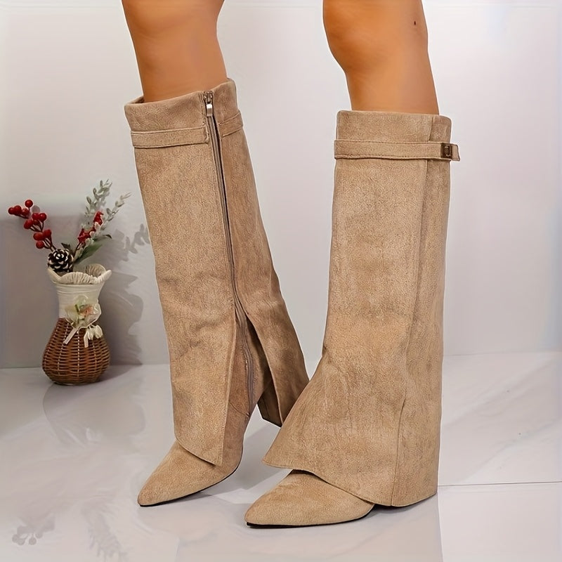 Talitha - Black Knee High Boots with Block Heel and Gold Buckle Accent 1
