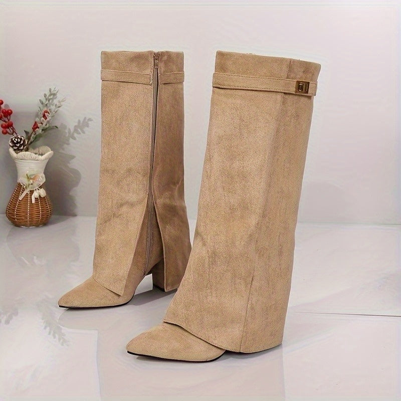 Talitha - Black Knee High Boots with Block Heel and Gold Buckle Accent 3
