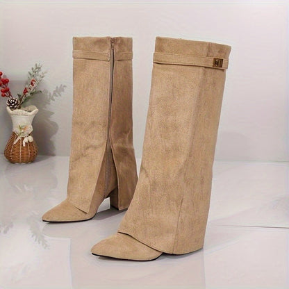 Talitha - Black Knee High Boots with Block Heel and Gold Buckle Accent 3
