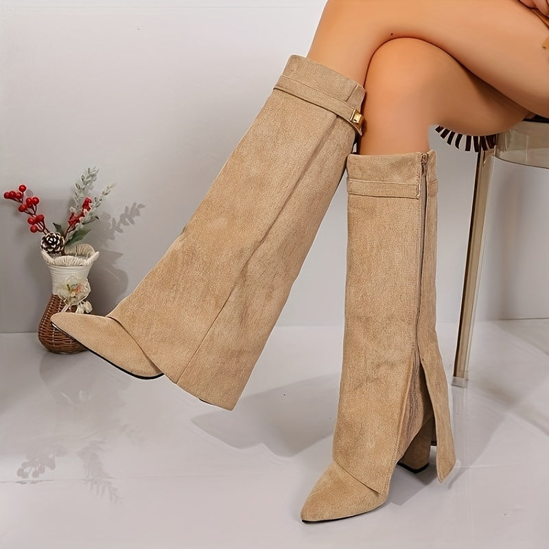 Talitha - Black Knee High Boots with Block Heel and Gold Buckle Accent 5