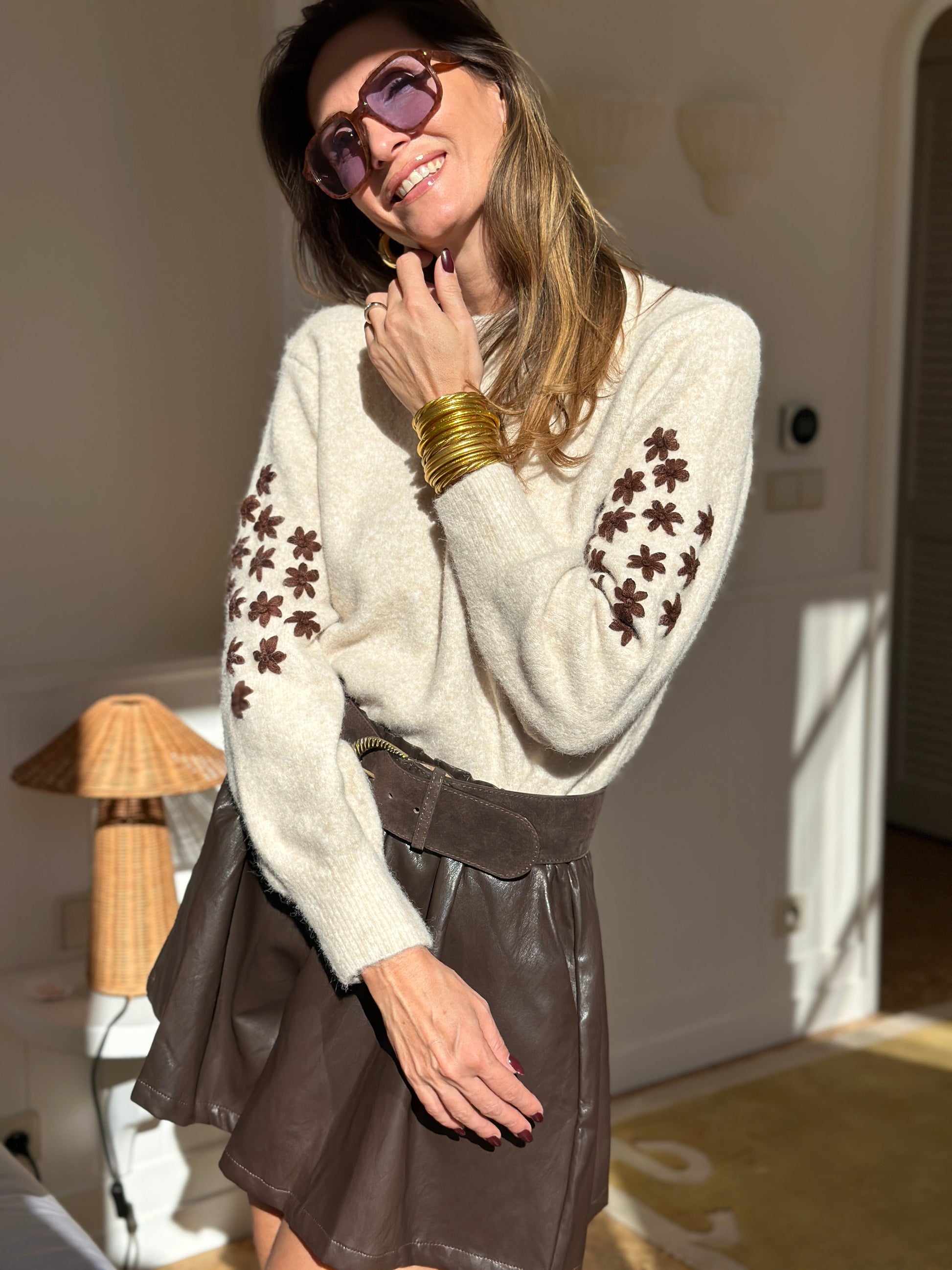 Teya Knit Sweater - Soft Floral Embroidered Knit With Puff Sleeves 1